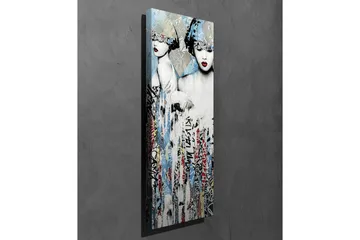 Canvastavla - Två stiliserade kvinnor med ansiktena delvis dolda av huvudbonader och starka röda läppar - Blå / Svart / Röd - Inredning - Tavlor & posters - Canvastavla