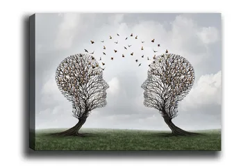 Canvastavla - Två träd formade som ansikten med fjärilar som svävar mellan dem - Brun / Grön / Grå - Inredning - Tavlor & posters - Canvastavla