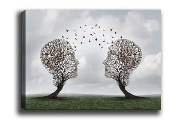 Canvastavla - Två träd formade som ansikten med fjärilar som svävar mellan dem - Brun / Grön / Grå - Inredning - Tavlor & posters - Canvastavla
