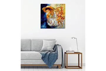 Canvastavla - Ung kvinna med blommor i en korg och en stor hatt - Orange / Blå / Vit - Inredning - Tavlor & posters - Canvastavla