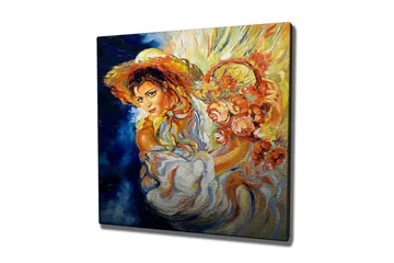 Canvastavla - Ung kvinna med blommor i en korg och en stor hatt - Orange / Blå / Vit - Inredning - Tavlor & posters - Canvastavla