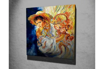 Canvastavla - Ung kvinna med blommor i en korg och en stor hatt - Orange / Blå / Vit - Inredning - Tavlor & posters - Canvastavla