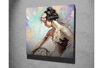 Canvastavla - Ung kvinna med blommor i håret som lutar sig över en korg - Ljusblå / Beige / Rosa - Inredning - Tavlor & posters - Canvastavla