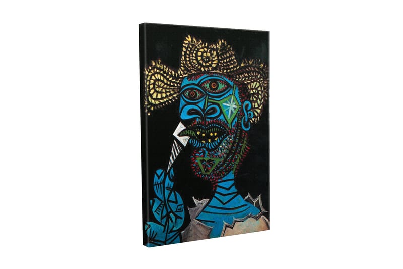 Canvastavla - Uttrycksfull porträtt av en man med färgglada detaljer och en dramatisk bakgrund, Blå / Svart / Gul