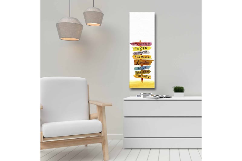 Canvastavla - Vägskyltar med internationella städer - Gul / Rosa / Blå - Inredning - Tavlor & posters - Canvastavla