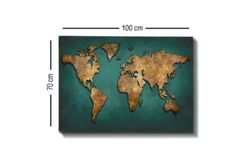 Canvastavla - Världskarta i vintage-stil med detaljerad textur - Guld / Teal - Inredning - Tavlor & posters - Canvastavla