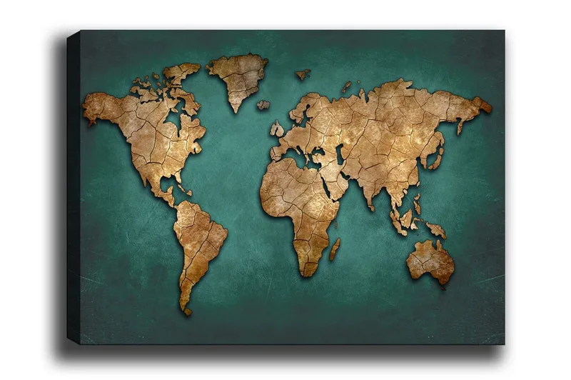 Canvastavla - Världskarta i vintage-stil med detaljerad textur, Guld / Teal