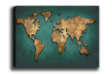 Canvastavla - Världskarta i vintage-stil med detaljerad textur - Guld / Teal - Inredning - Tavlor & posters - Canvastavla