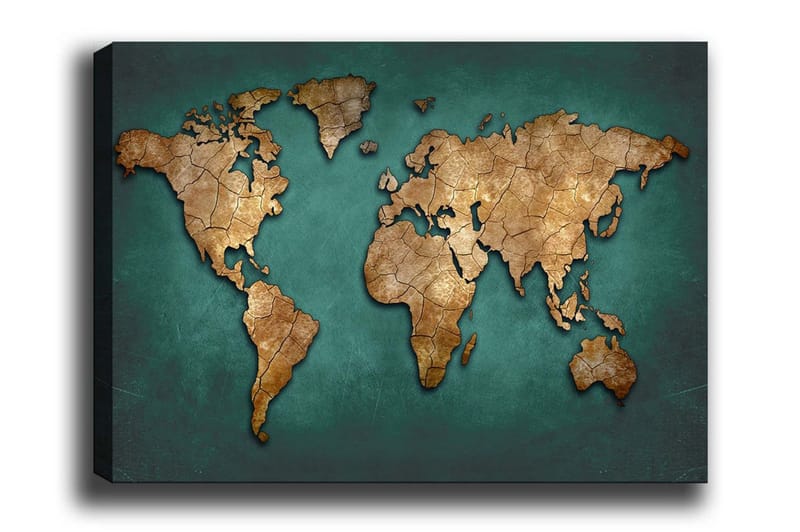 Canvastavla - Världskarta i vintage-stil med detaljerad textur, Guld / Teal