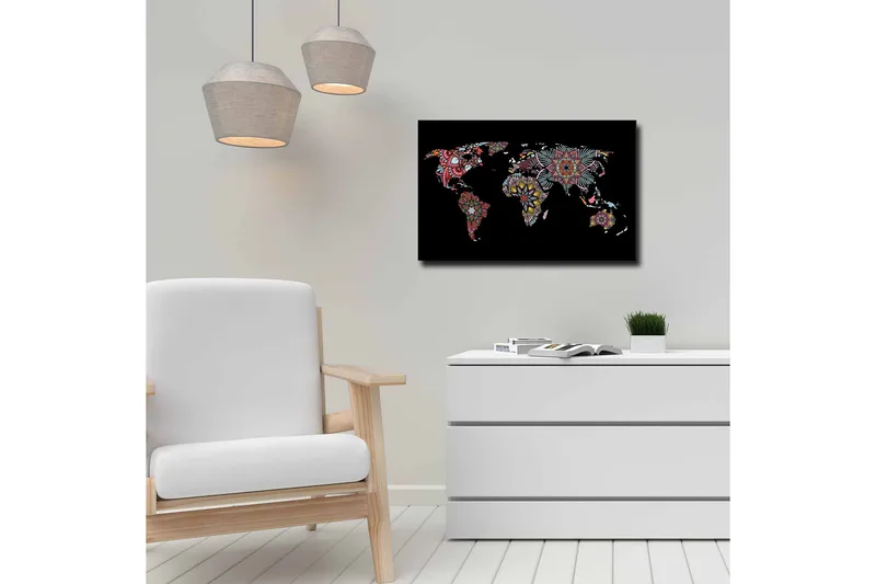 Canvastavla - Världskarta med färgglada blommönster - Röd / Grön / Gul - Inredning - Tavlor & posters - Canvastavla