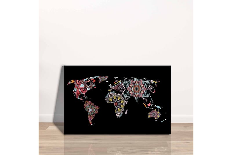 Canvastavla - Världskarta med färgglada blommönster - Röd / Grön / Gul - Inredning - Tavlor & posters - Canvastavla
