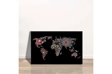 Canvastavla - Världskarta med färgglada blommönster - Röd / Grön / Gul - Inredning - Tavlor & posters - Canvastavla