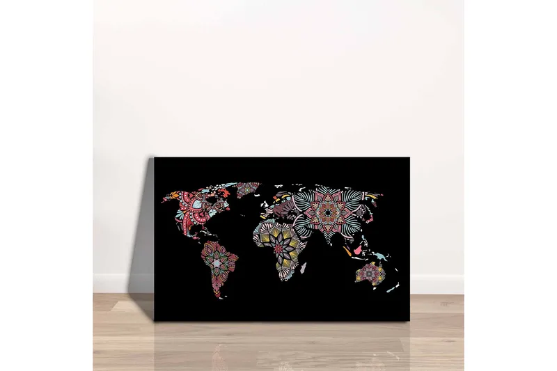 Canvastavla - Världskarta med färgglada blommönster - Röd / Grön / Gul - Inredning - Tavlor & posters - Canvastavla