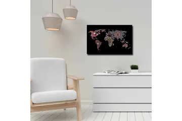 Canvastavla - Världskarta med färgglada blommönster - Röd / Grön / Gul - Inredning - Tavlor & posters - Canvastavla