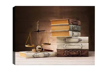 Canvastavla - Vågskål med böcker i olika färger och former - Guld / Brun / Vit - Inredning - Tavlor & posters - Canvastavla