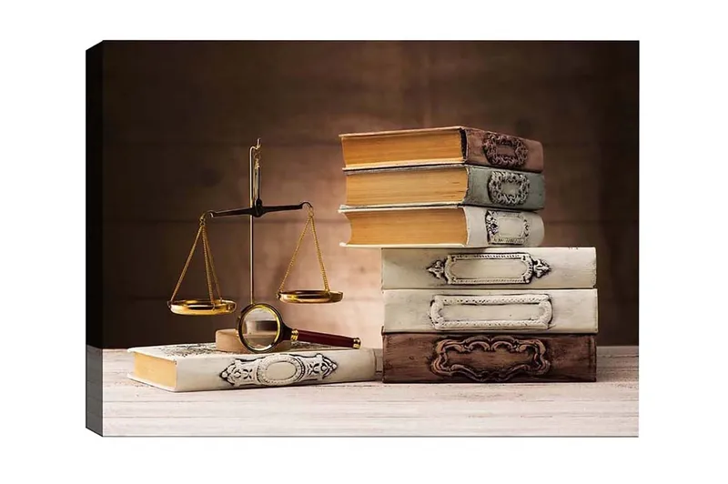 Canvastavla - Vågskål med böcker i olika färger och former, Guld / Brun / Vit