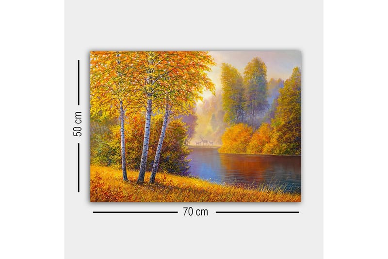 Canvastavla - Vacker höstlandskap med björkar vid en stilla sjö - Guldorange / Grön / Blå - Inredning - Tavlor & posters - Canvastavla