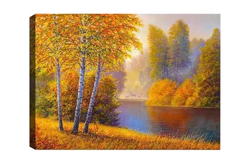 Canvastavla - Vacker höstlandskap med björkar vid en stilla sjö - Guldorange / Grön / Blå - Inredning - Tavlor & posters - Canvastavla