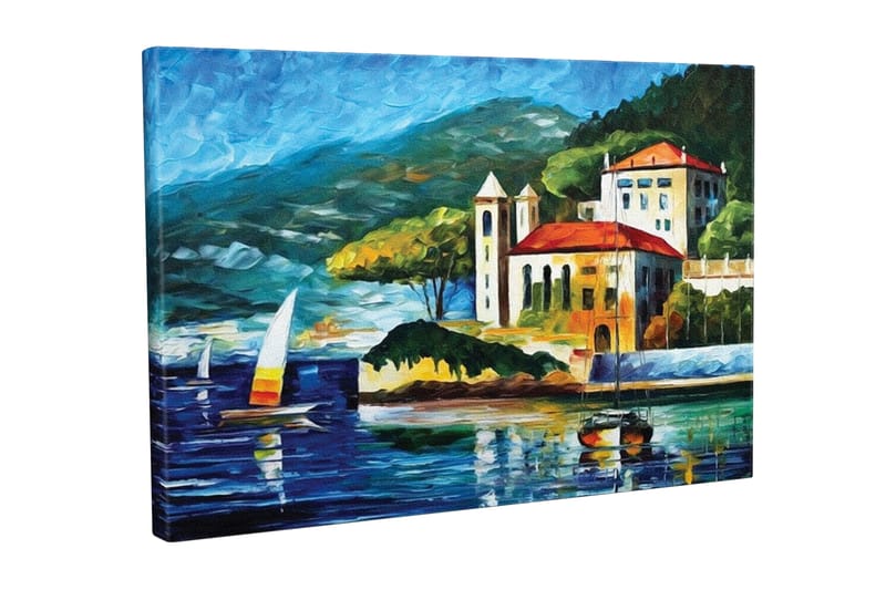 Canvastavla - Vacker kustlandskap med segelbåtar och en pittoresk byggnad vid vattnet, Blå / Grön / Röd