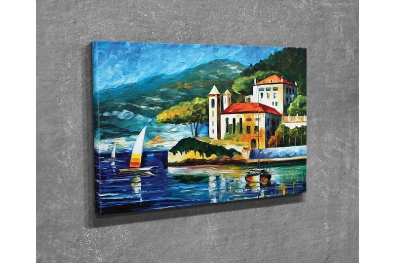 Canvastavla - Vacker kustlandskap med segelbåtar och en pittoresk byggnad vid vattnet - Blå / Grön / Röd - Inredning - Tavlor & posters - Canvastavla