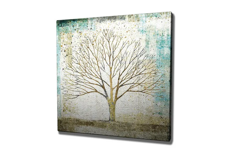 Canvastavla - Vacker silhuett av ett träd mot en mjukt färgad bakgrund, Guld / Turkos / Vit