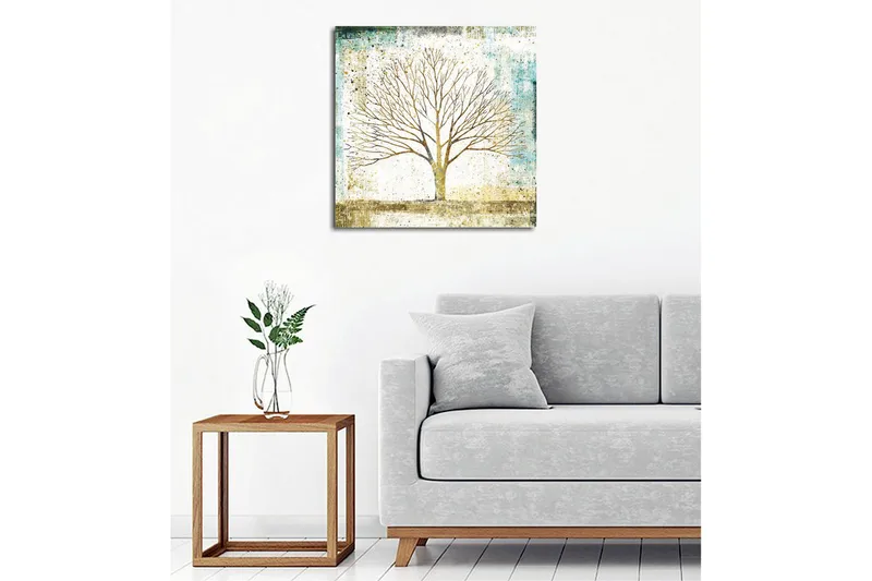 Canvastavla - Vacker silhuett av ett träd mot en mjukt färgad bakgrund - Guld / Turkos / Vit - Inredning - Tavlor & posters - Canvastavla
