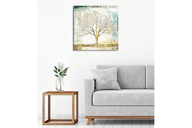 Canvastavla - Vacker silhuett av ett träd mot en mjukt färgad bakgrund - Guld / Turkos / Vit - Inredning - Tavlor & posters - Canvastavla