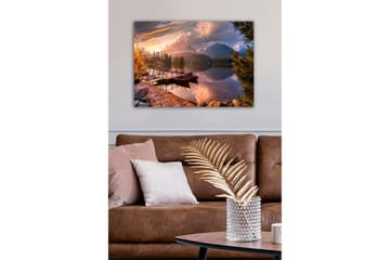 Canvastavla - Vacker sjölandskap med roddbåtar vid solnedgången - Orange / Grön / Blå - Inredning - Tavlor & posters - Canvastavla