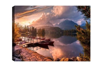 Canvastavla - Vacker sjölandskap med roddbåtar vid solnedgången - Orange / Grön / Blå - Inredning - Tavlor & posters - Canvastavla