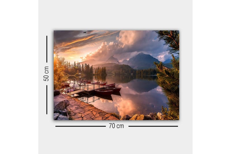 Canvastavla - Vacker sjölandskap med roddbåtar vid solnedgången - Orange / Grön / Blå - Inredning - Tavlor & posters - Canvastavla