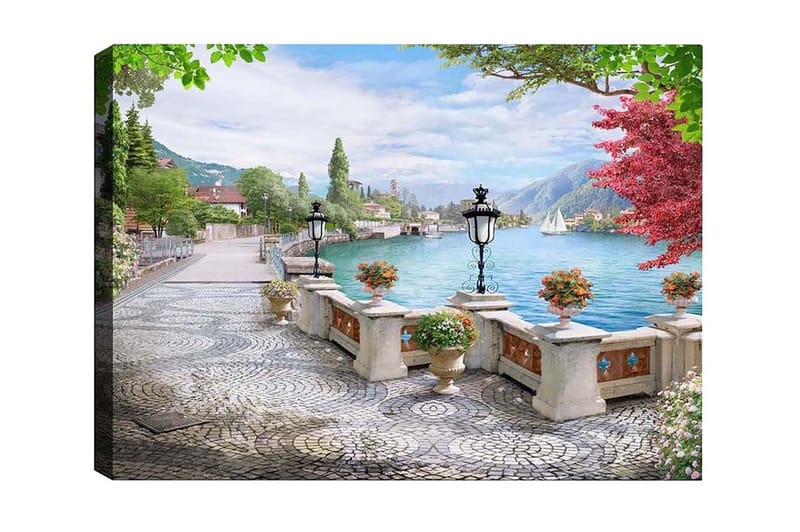 Canvastavla - Vacker sjöutsikt med en promenadgata och blommor i krukor - Grön / Blå / Rosa - Inredning - Tavlor & posters - Canvastavla
