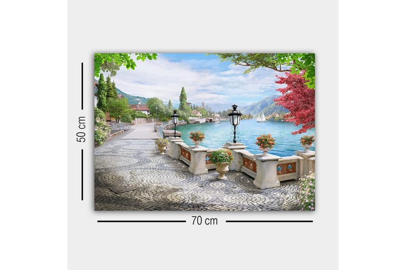 Canvastavla - Vacker sjöutsikt med en promenadgata och blommor i krukor - Grön / Blå / Rosa - Inredning - Tavlor & posters - Canvastavla