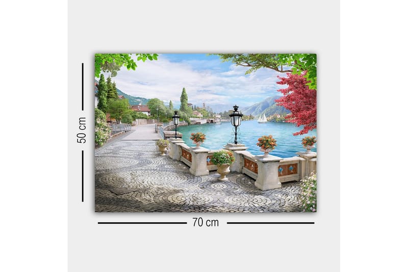 Canvastavla - Vacker sjöutsikt med en promenadgata och blommor i krukor - Grön / Blå / Rosa - Inredning - Tavlor & posters - Canvastavla