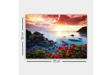 Canvastavla - Vacker solnedgång över havet med blommor i förgrunden - Rosa / Blå / Orange - Inredning - Tavlor & posters - Canvastavla