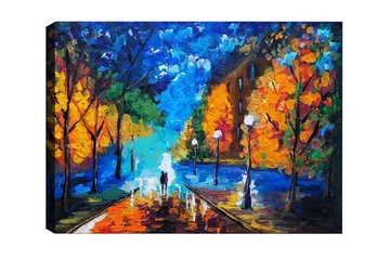 Canvastavla - Vacker stadspark med färgglada höstträd och en promenadstig i skymning - Blå / Orange / Grön - Inredning - Tavlor & posters - Canvastavla