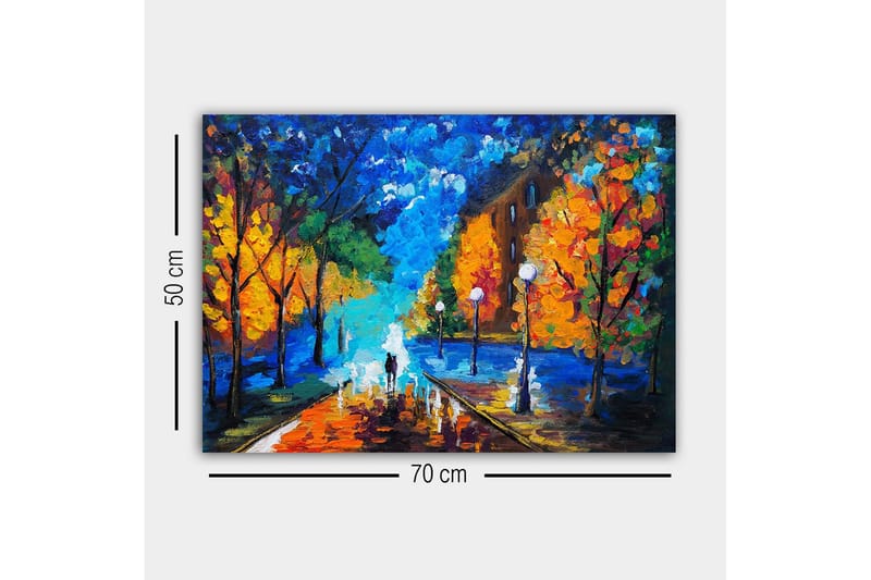 Canvastavla - Vacker stadspark med färgglada höstträd och en promenadstig i skymning - Blå / Orange / Grön - Inredning - Tavlor & posters - Canvastavla