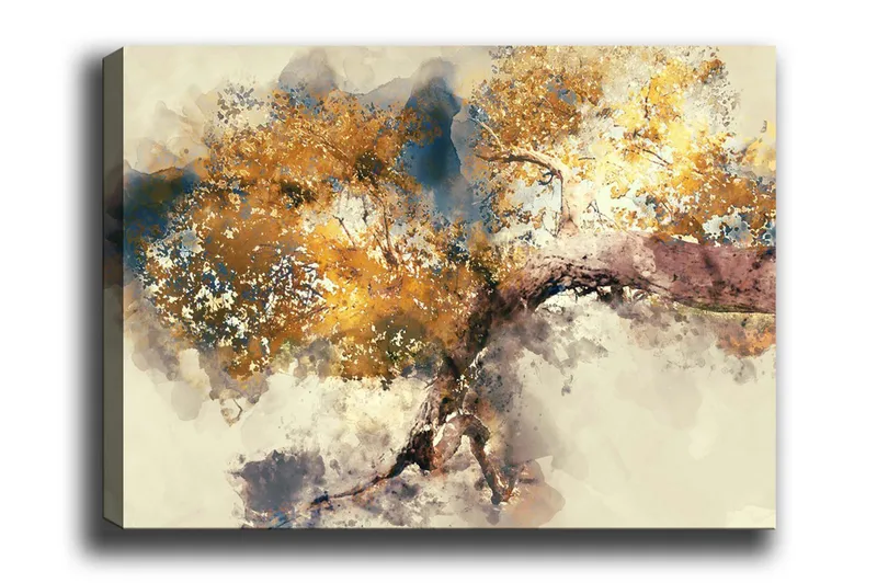 Canvastavla - Vacker trädkrona med gyllene lövverk - Guld / Brun / Blå - Inredning - Tavlor & posters - Canvastavla