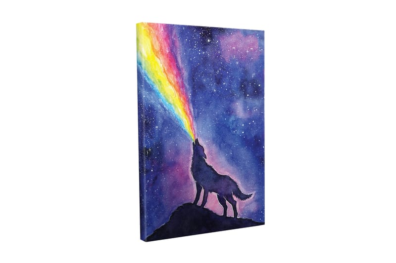 Canvastavla - Varg som ylar mot en färgglad regnbåge i natthimlen, Mörkblå / Lila / Regnbågsfärger