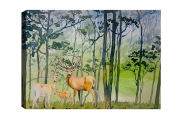 Canvastavla - Viltfamilj i en skogsmiljö med rådjur och en liten kid - Grön / Brun / Beige - Inredning - Tavlor & posters - Canvastavla