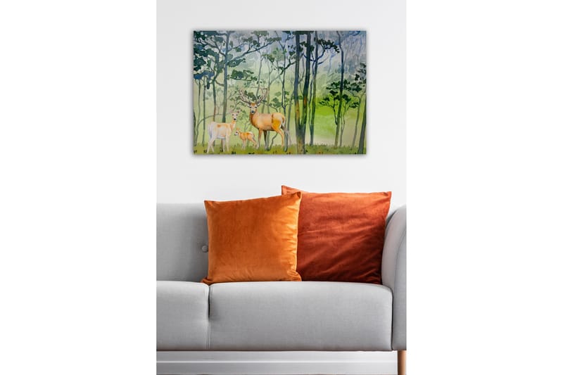 Canvastavla - Viltfamilj i en skogsmiljö med rådjur och en liten kid - Grön / Brun / Beige - Inredning - Tavlor & posters - Canvastavla