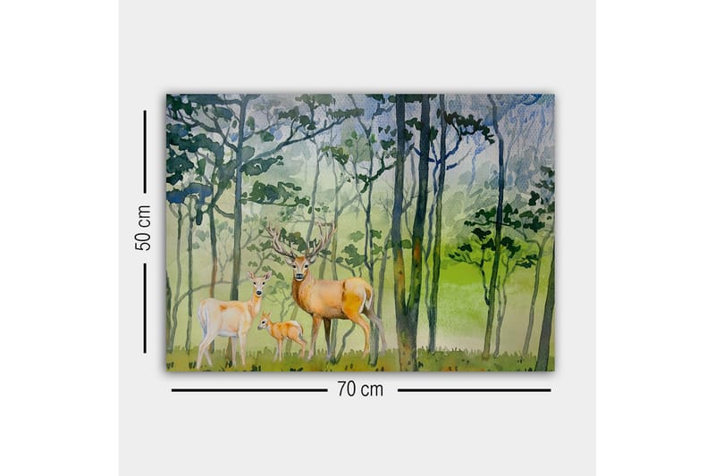 Canvastavla - Viltfamilj i en skogsmiljö med rådjur och en liten kid - Grön / Brun / Beige - Inredning - Tavlor & posters - Canvastavla
