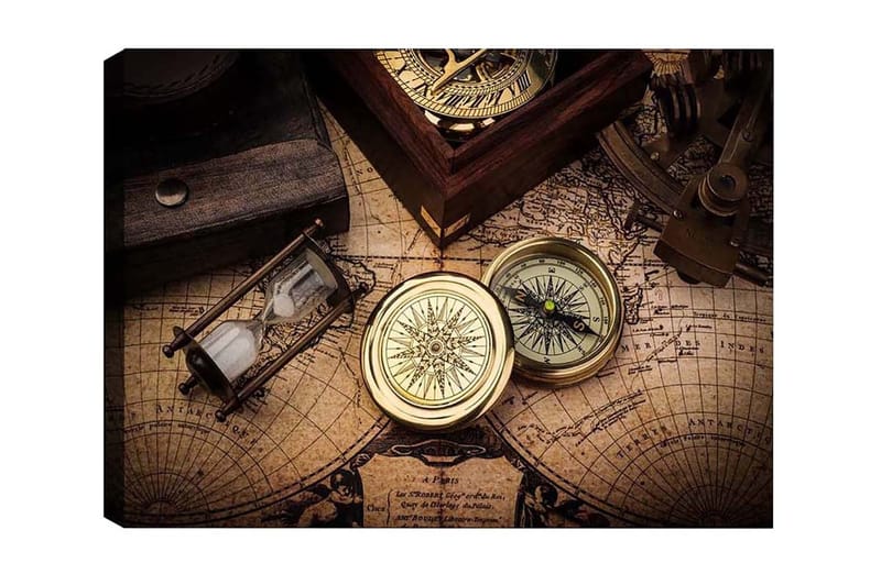 Canvastavla - Vintage navigationsverktyg på en gammal karta, Guld / Brun / Beige