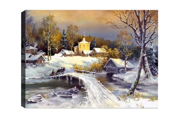 Canvastavla - Vinterlandskap med en bro och snötäckta hus - Vit / Grå / Gul - Inredning - Tavlor & posters - Canvastavla