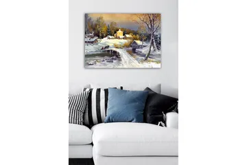 Canvastavla - Vinterlandskap med en bro och snötäckta hus - Vit / Grå / Gul - Inredning - Tavlor & posters - Canvastavla