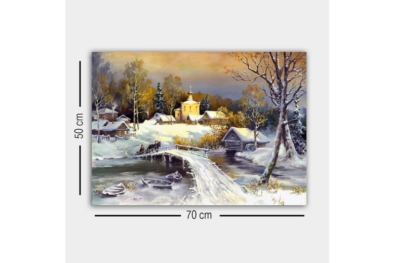 Canvastavla - Vinterlandskap med en bro och snötäckta hus - Vit / Grå / Gul - Inredning - Tavlor & posters - Canvastavla