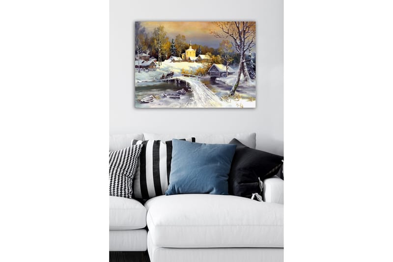 Canvastavla - Vinterlandskap med en bro och snötäckta hus - Vit / Grå / Gul - Inredning - Tavlor & posters - Canvastavla