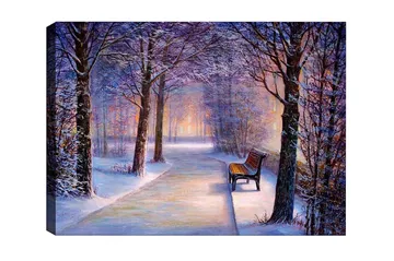 Canvastavla - Vinterlandskap med en ensam bänk längs en snötäckt väg - Lila / Vit / Brun - Inredning - Tavlor & posters - Canvastavla