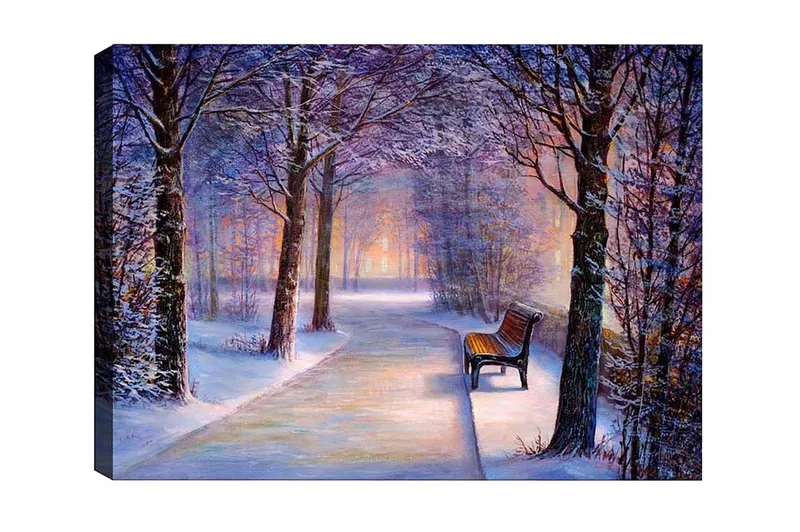 Canvastavla - Vinterlandskap med en ensam bänk längs en snötäckt väg - Lila / Vit / Brun - Inredning - Tavlor & posters - Canvastavla