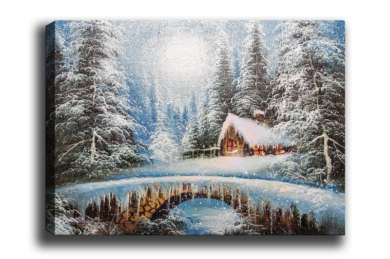 Canvastavla - Vinterlandskap med en stuga och snöklädda träd, Blå / Vit / Brun