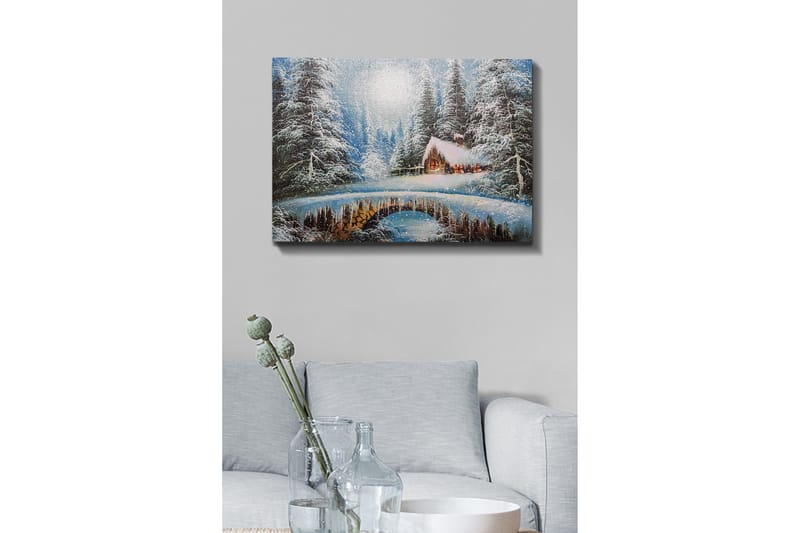 Canvastavla - Vinterlandskap med en stuga och snöklädda träd - Blå / Vit / Brun - Inredning - Tavlor & posters - Canvastavla